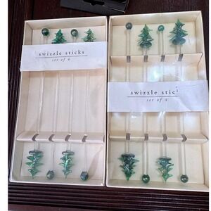 Pier 1 Christmas Tree Swizzle Sticks Hand Blown Glass Holiday Barware Set of 8